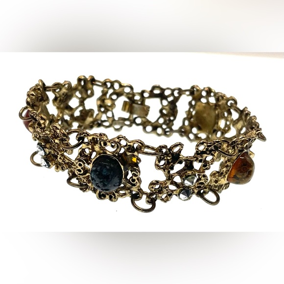 Vintage Gold Tone Ornate Scroll Design Panel Linked Cabochon Gems - Picture 2 of 11